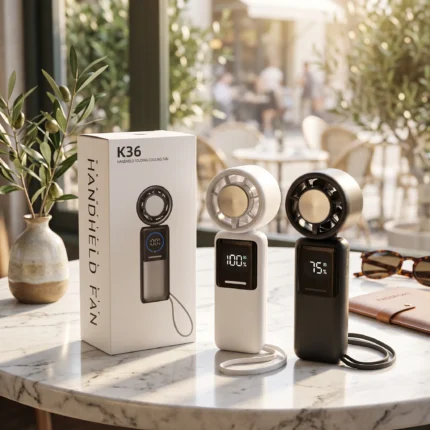 K36 Turbo Cooling portable handheld folding fan with digital battery display, 6000mAh power bank, available in black and white, displayed beside its retail packaging on a marble table.