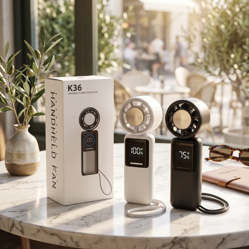 K36 Turbo Cooling portable handheld folding fan with digital battery display, 6000mAh power bank, available in black and white, displayed beside its retail packaging on a marble table.